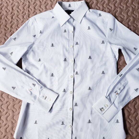 Lands' End Tops - Lands' End Nautical Anchor Logo Non Iron Button Up White Striped Shirt